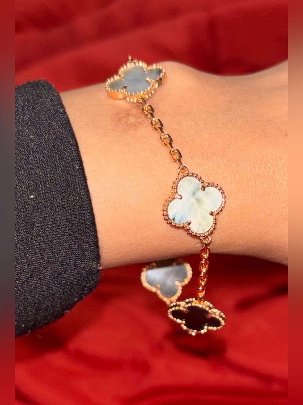 Gold and Green Clover Bracelet with Mother-of-Pearl Inlay - Picture 8 of 8